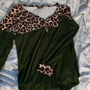 Green and Leopard Print Long-Sleeve Top